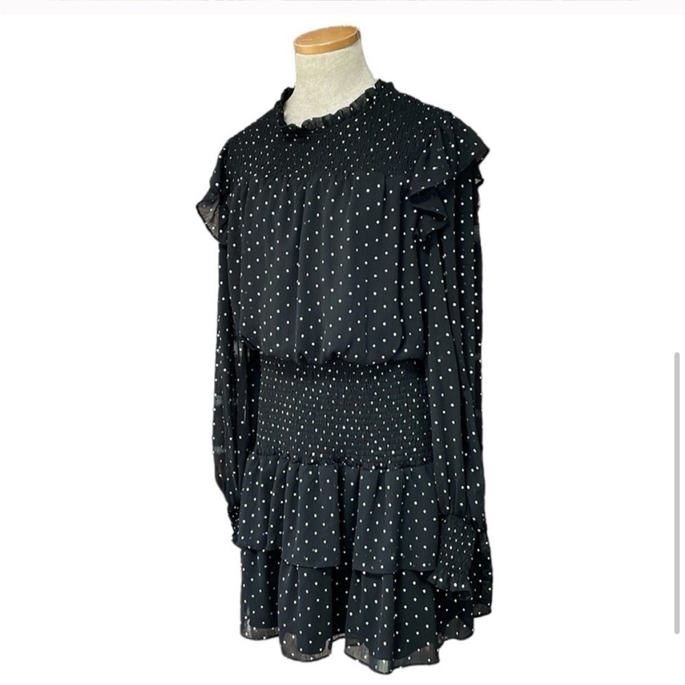Vici x Gina Black Sheer Polka Dot Chiffon Smocked Ruffle Long Sleeve Mini Dress - Picture 6 of 12